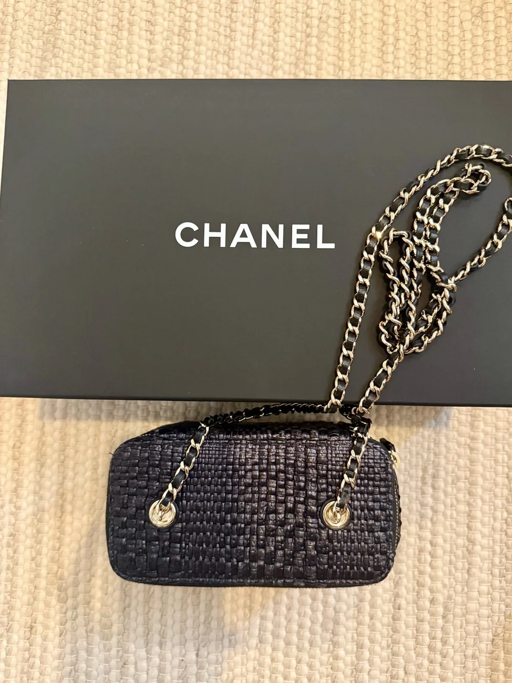 CHANEL Black Raffia Quilted Chain Crossbody Vanity Bag